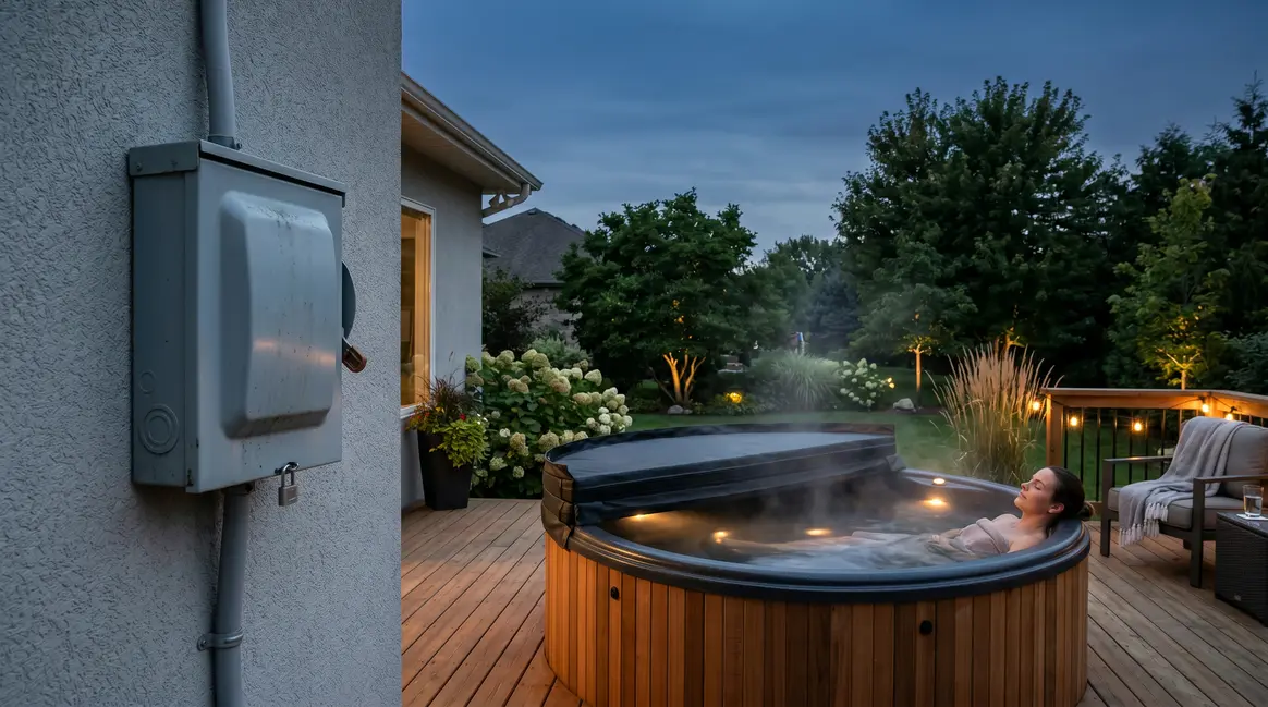 Outdoor hot tub on residential deck with weatherproof GFCI disconnect box mounted on exterior wall
