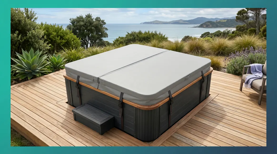 Hot tub hard cover buying guide hero image showing fitted spa cover on outdoor deck