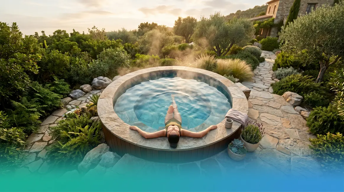 Person relaxing in an outdoor hot tub illustrating hot tub health benefits for wellness