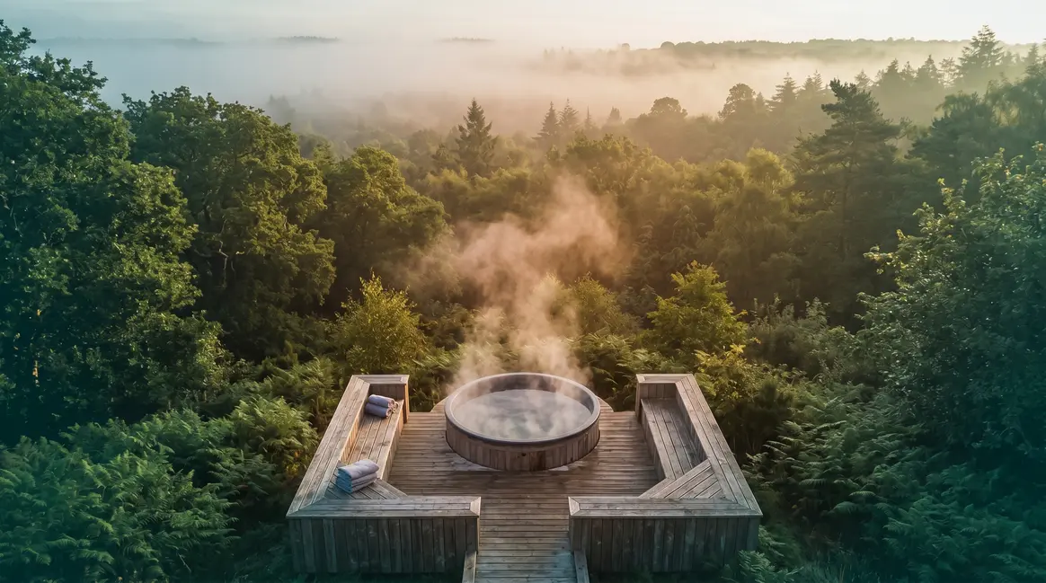 Best hot tub holidays UK — private outdoor hot tub on woodland deck with steam rising