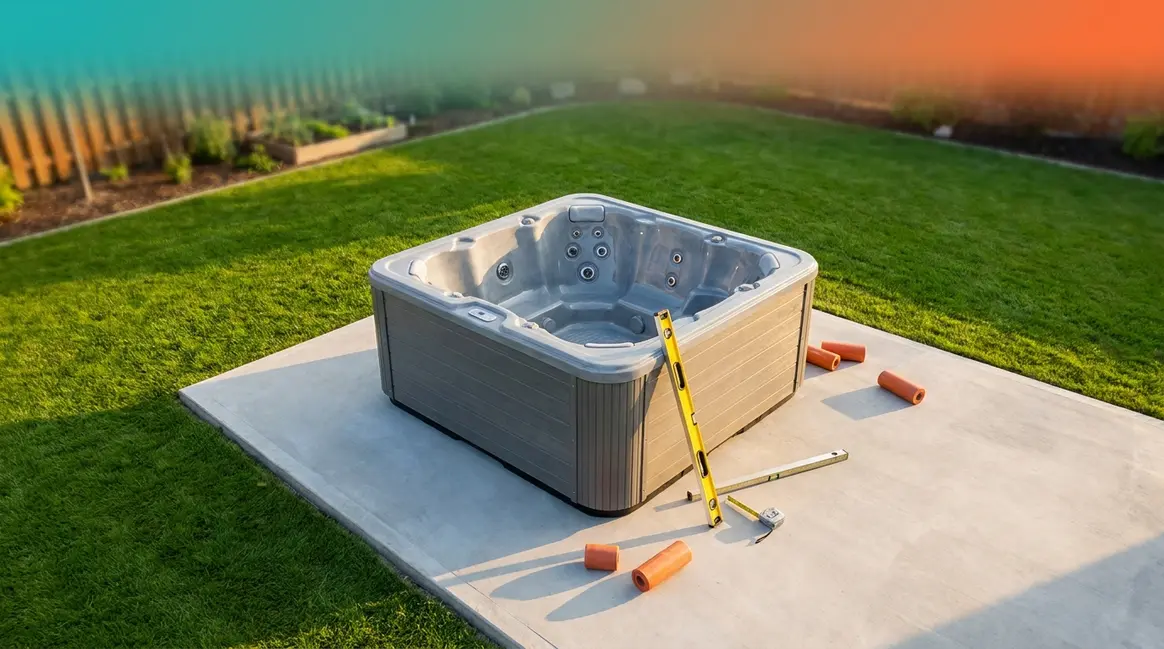 How to install a hot tub — concrete slab foundation with tools and 6-person spa positioned in backyard