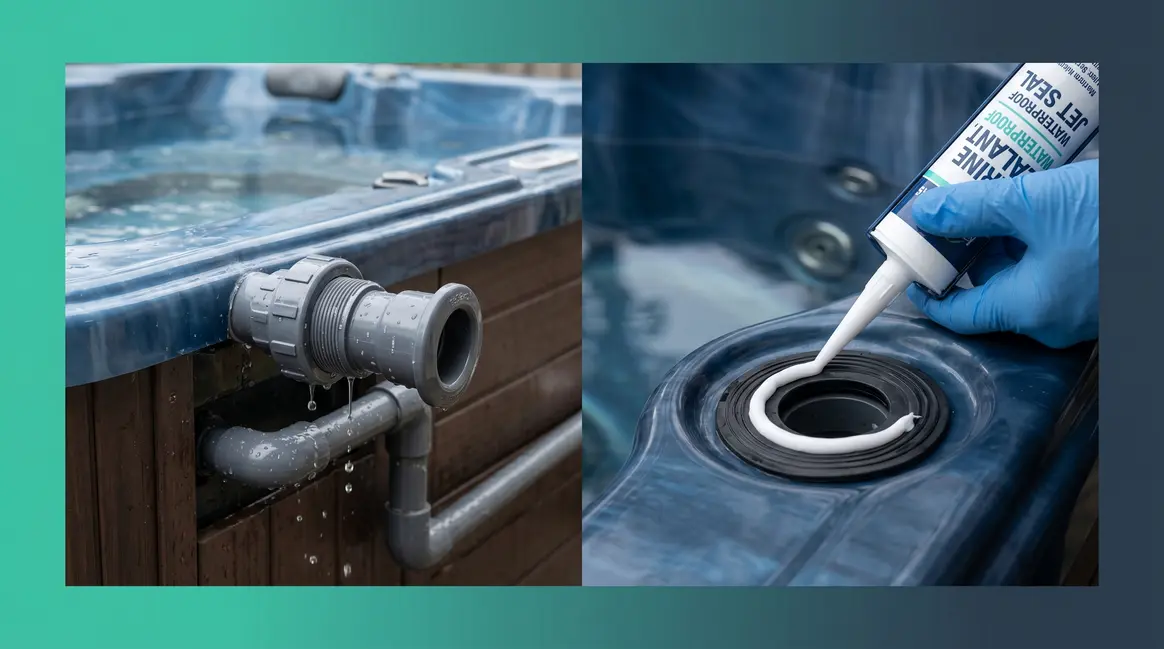 How to fix a hot tub leak with sealant showing plumbing drip and silicone repair application