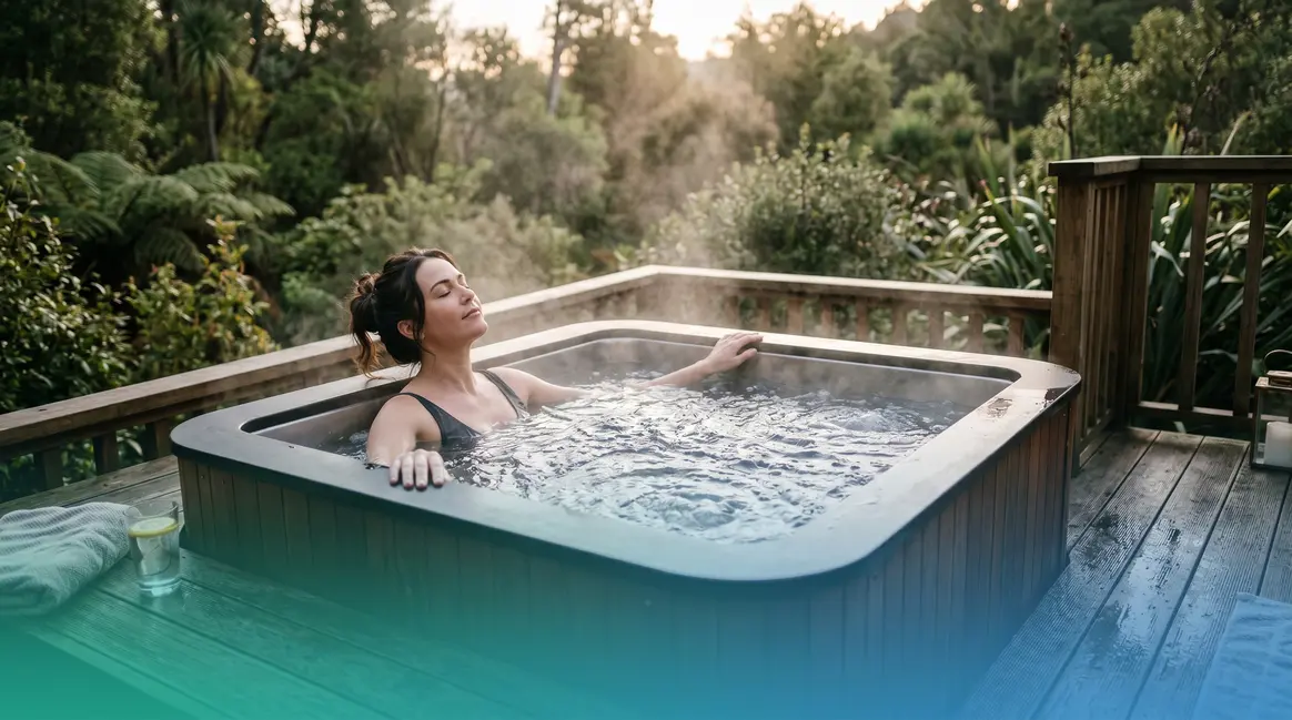 Person relaxing in a hot tub for lower back pain relief with jets active