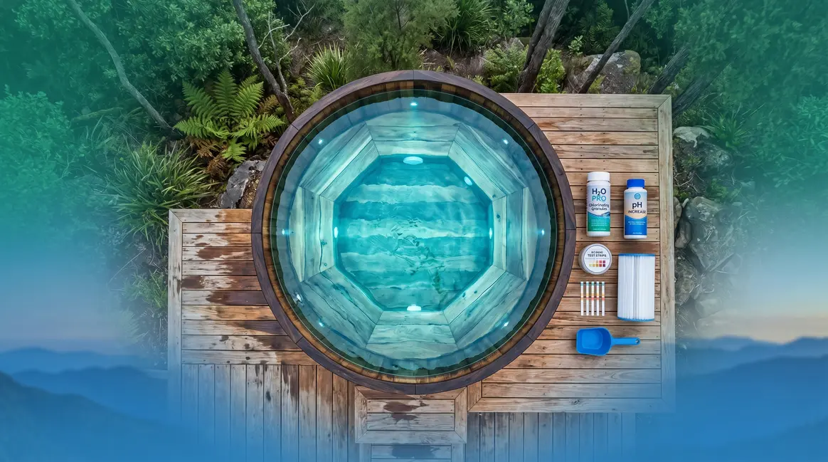 Hot tub maintenance guide showing crystal clear water with test strips and chemical kit on deck