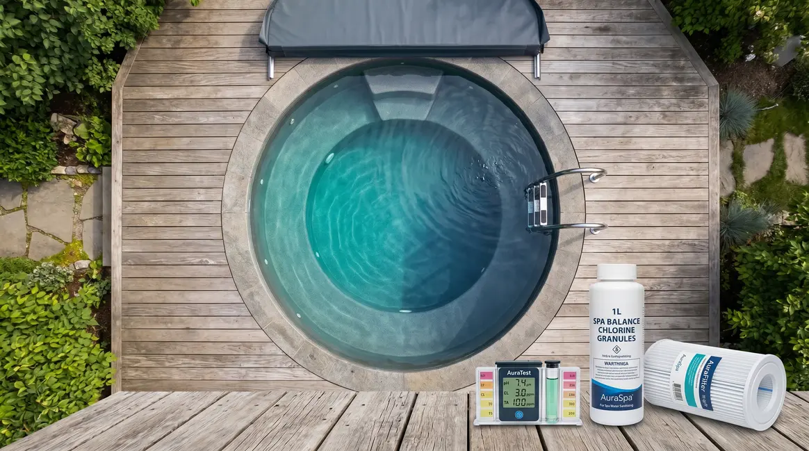 Hot tub maintenance mistakes to avoid — clean spa with water testing kit and chemicals on deck