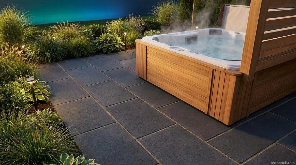 Hot tub installed on concrete pavers in a landscaped backyard showing proper paver base
