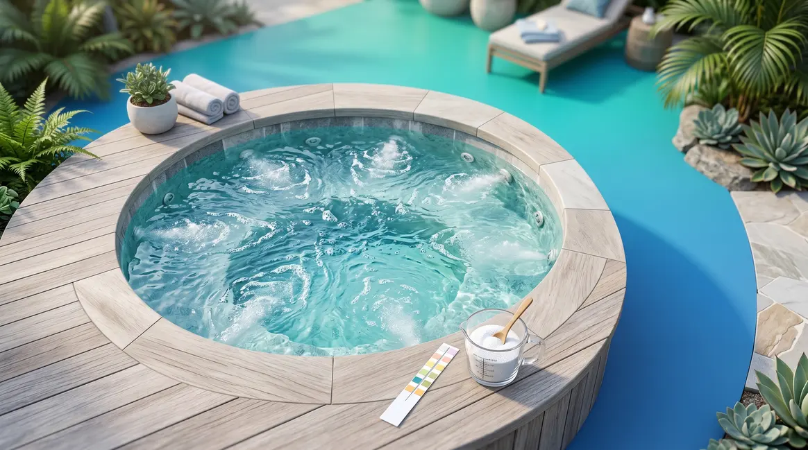 How to control hot tub pH levels with test strips and balancing chemicals beside a clear hot tub