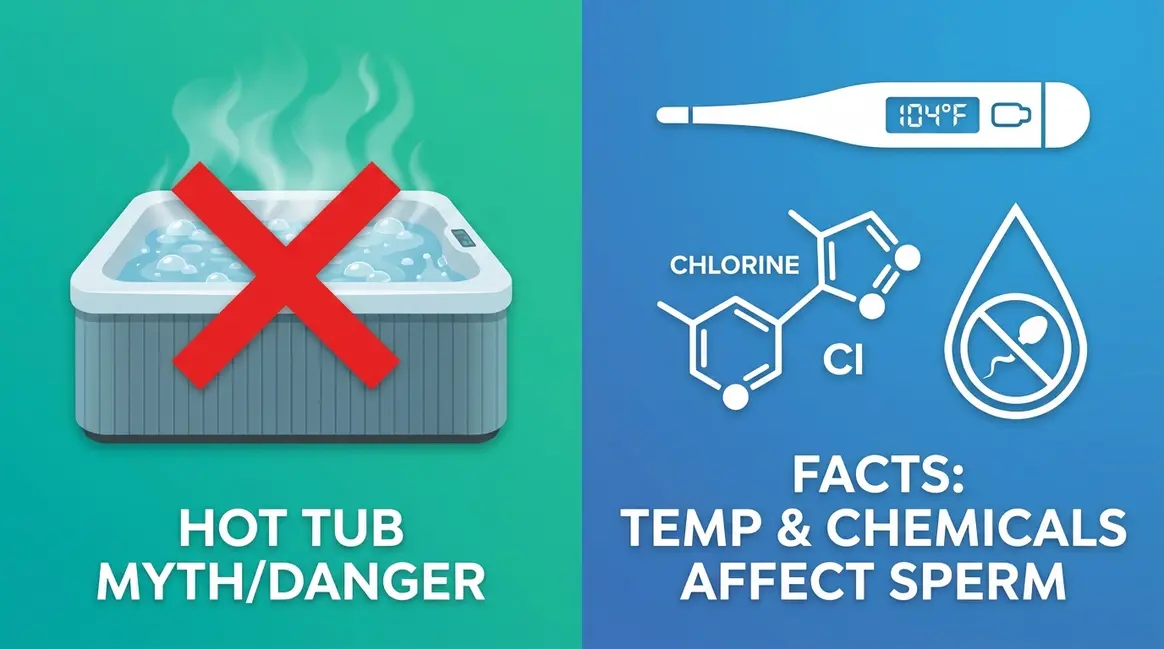 Can you get pregnant from a hot tub — medical myth vs fact illustration with thermometer and sperm symbols
