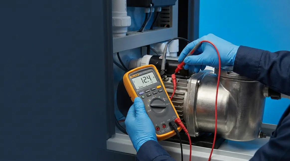 How to test a hot tub pump with a multimeter showing probe placement on motor terminals