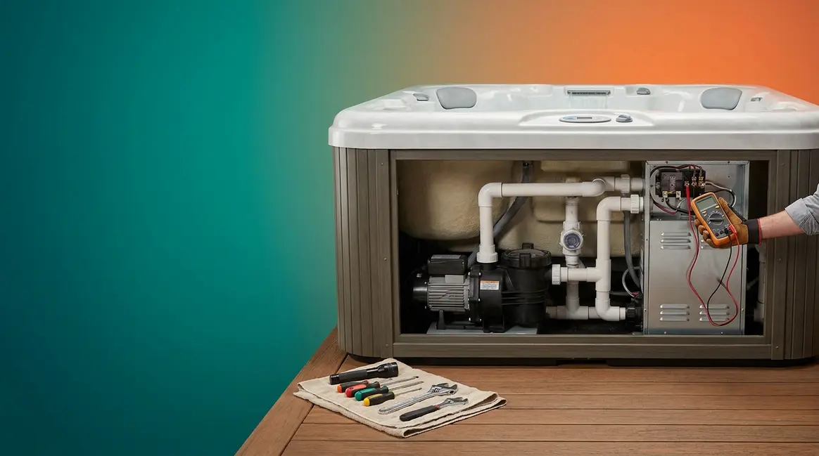 Hot tub repair DIY guide showing open equipment bay with multimeter and hand tools