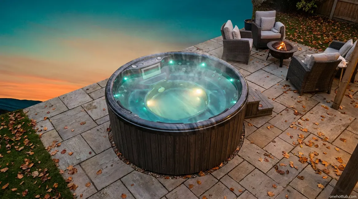 Hot tub running costs UK guide showing a steaming hard-shell spa in an autumn garden