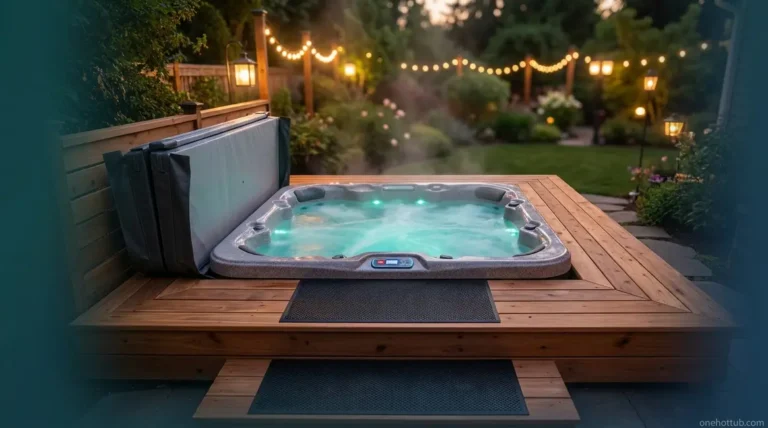 Hot tub safety tips guide showing outdoor spa with thermometer at safe temperature