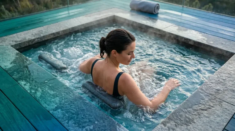 Home 1 Person relaxing in hot tub jets for sore muscle recovery and hydrotherapy relief