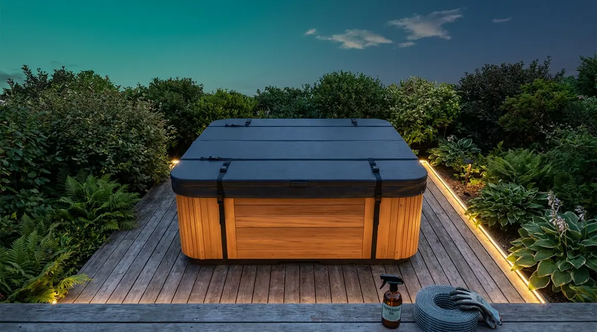 Hot tub on wooden deck with peppermint spray and hardware mesh for spider prevention