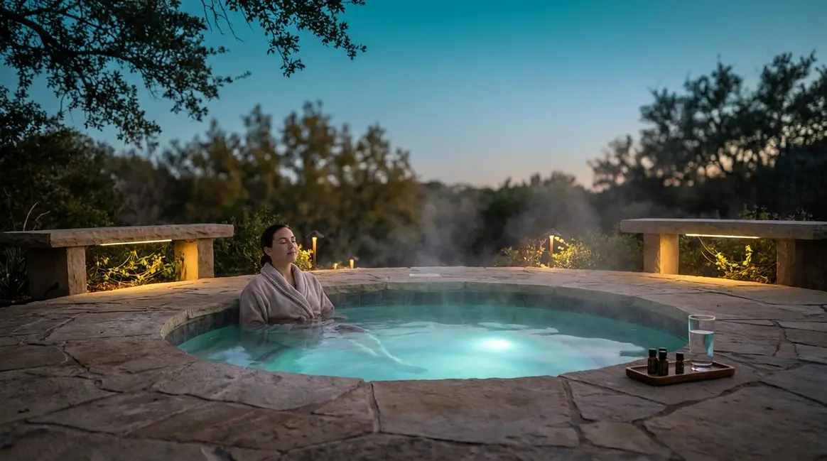 Person relaxing in outdoor hot tub experiencing science-backed hot tub therapy benefits for pain and wellness