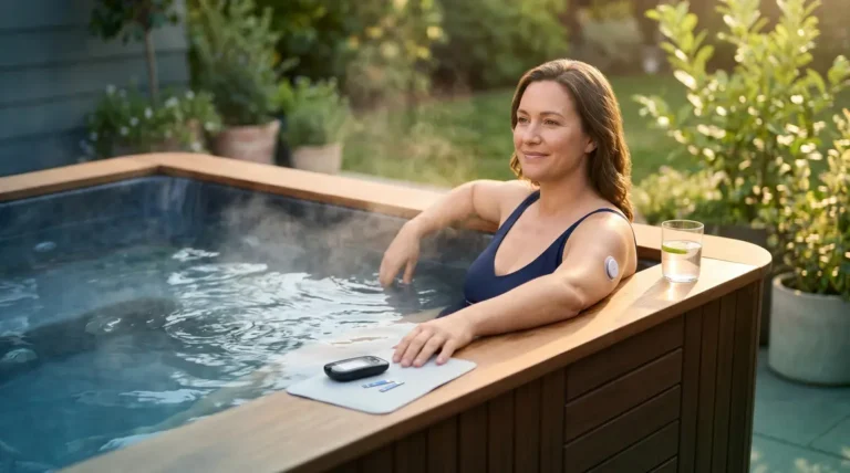 Person with CGM sensor safely relaxing in hot tub with Type 1 Diabetes monitoring equipment nearby