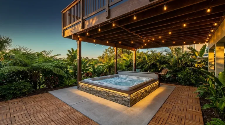 Home 3 Hot tub under deck ideas showing a spa retreat with string lights and cedar surround