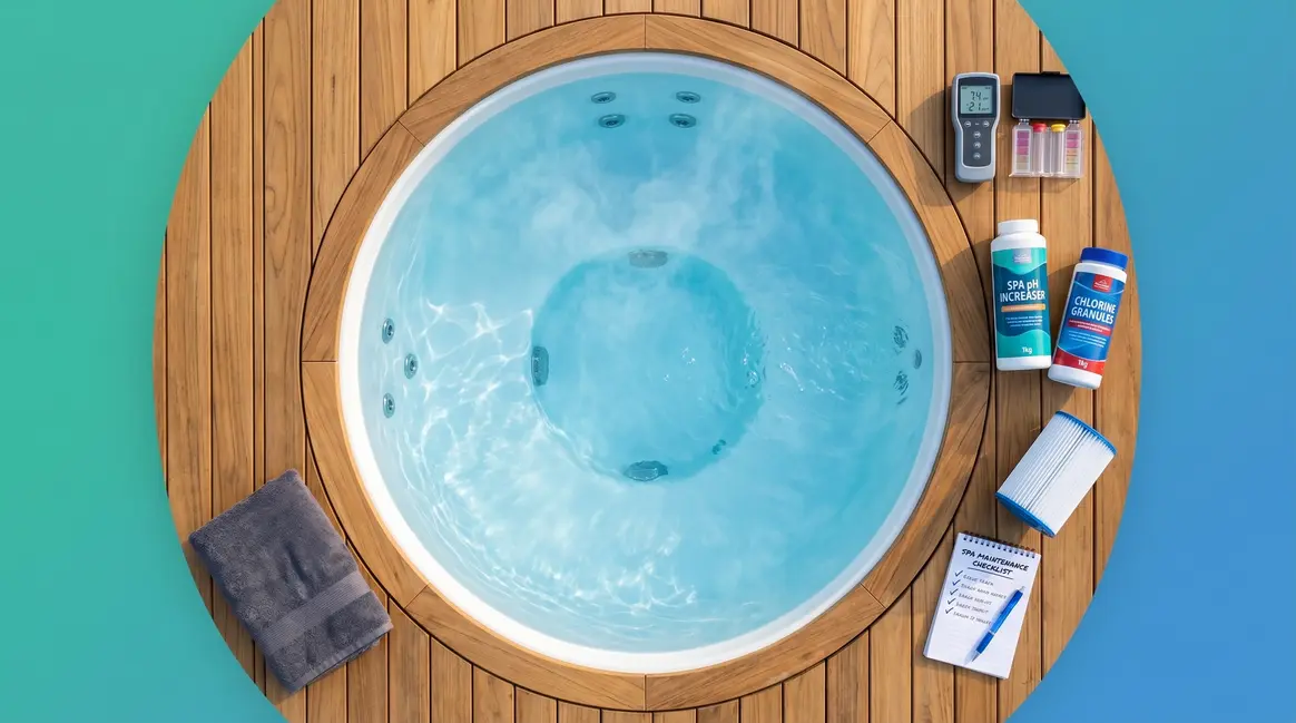 Hot tub water maintenance guide showing test kit, chemicals, and crystal-clear spa water