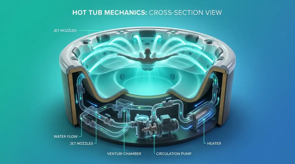 How do hot tub jets work diagram showing internal Venturi effect water and air flow system