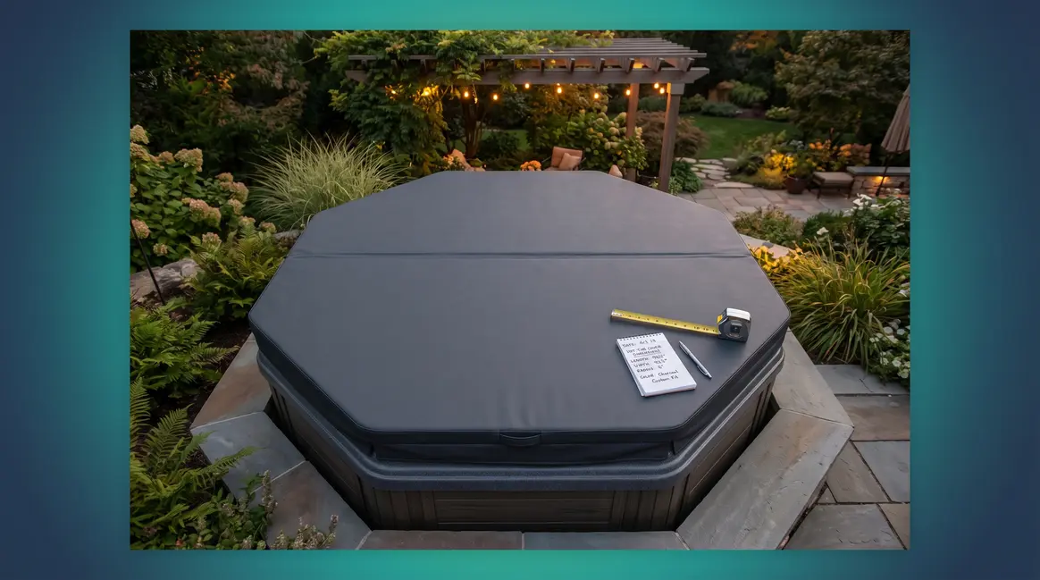 How to choose a hot tub cover — fitted marine-grade vinyl cover on outdoor spa with measuring tape