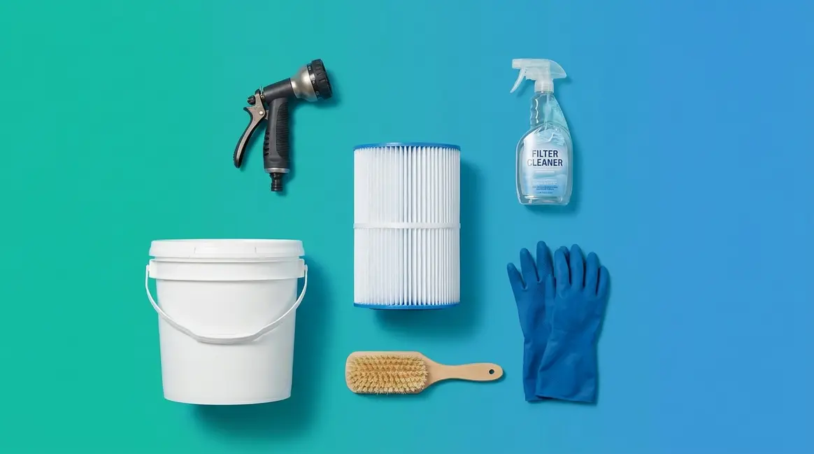 How to clean a hot tub filter — tools and cartridge on teal background