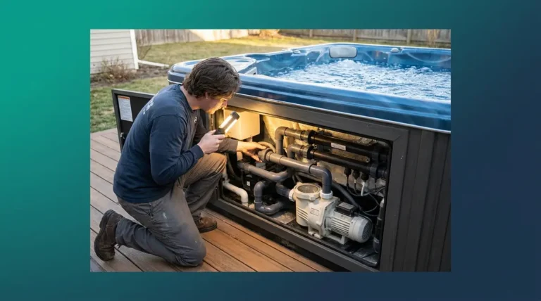 Home 2 Person inspecting hot tub equipment bay with flashlight to find a leak in the plumbing