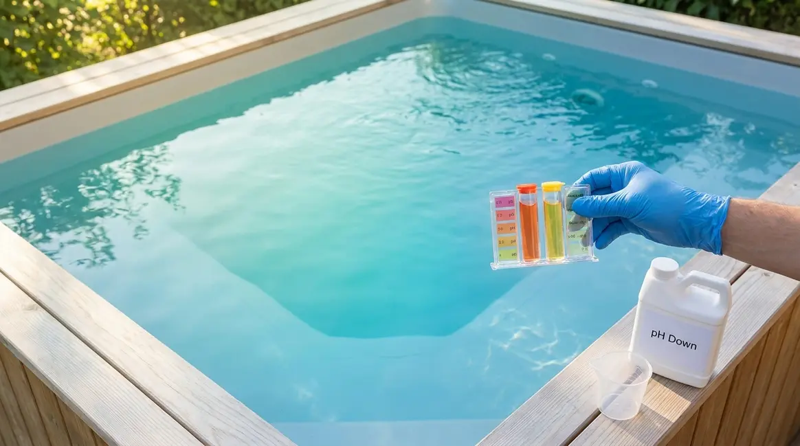 How to lower pH in hot tub using test kit and pH Down chemical beside sparkling water