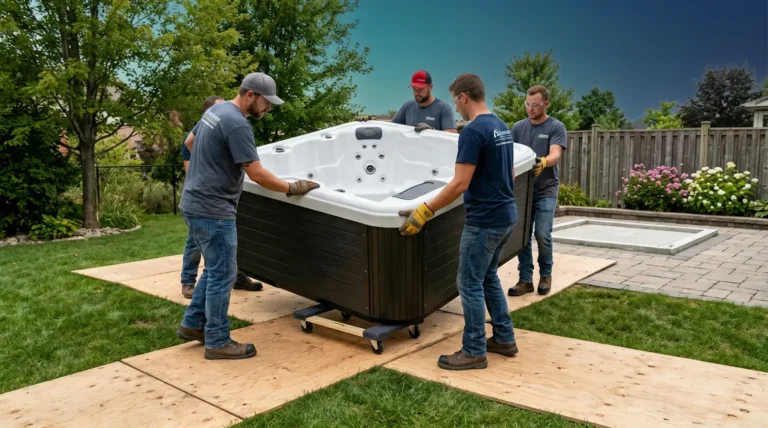 Four people using the Tip-and-Roll Method to move a hot tub safely on furniture dollies
