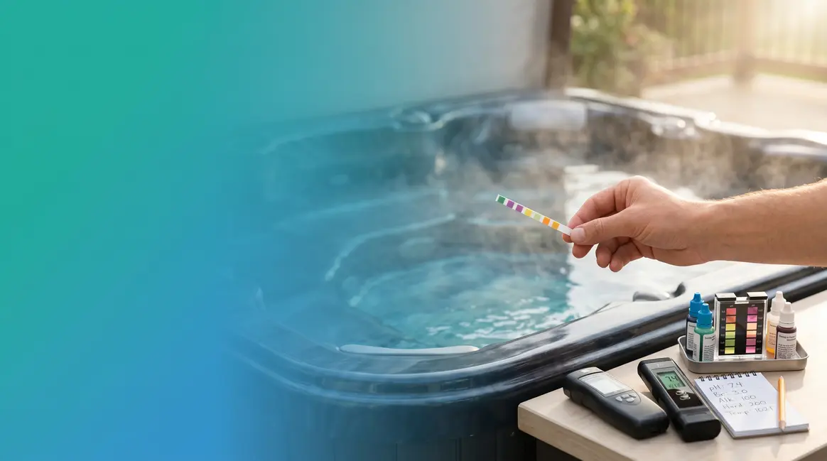 How to test hot tub water using a test strip held over clear blue spa water