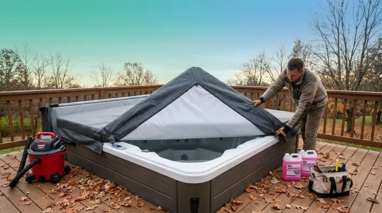 Home 3 Homeowner winterizing a hot tub on a wooden deck with shop vac and RV antifreeze