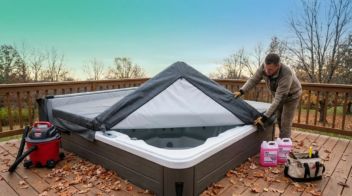 Homeowner winterizing a hot tub on a wooden deck with shop vac and RV antifreeze