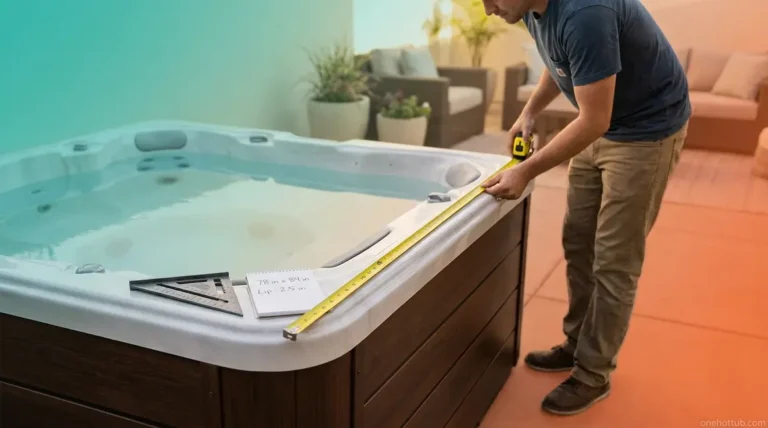 Person measuring a hot tub cover lip-to-lip with tape measure and carpenter's square on patio