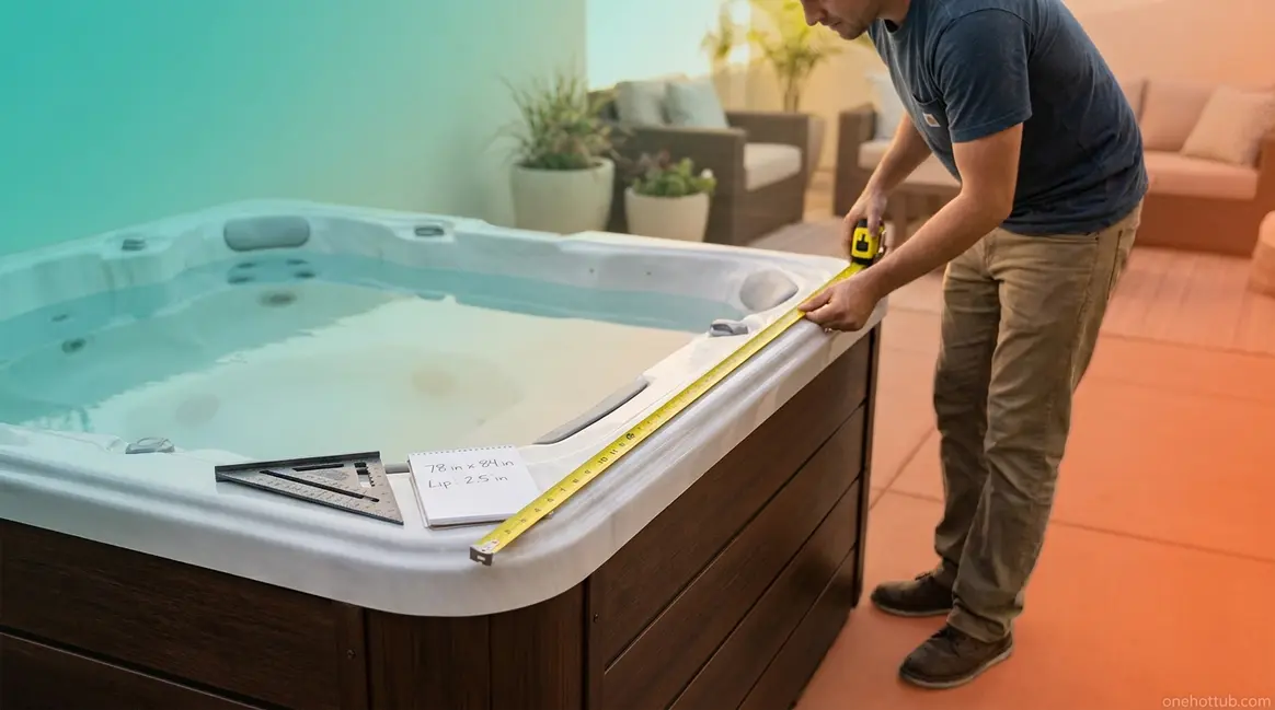 Person measuring a hot tub cover lip-to-lip with tape measure and carpenter's square on patio