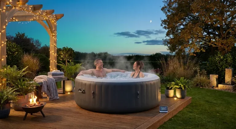 Home 1 Most energy efficient hot tub UK — couple relaxing in inflatable spa on garden decking at dusk