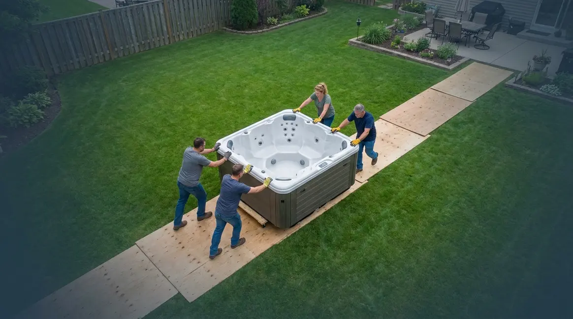 Four people moving a hot tub on grass using plywood sheets as a rolling track