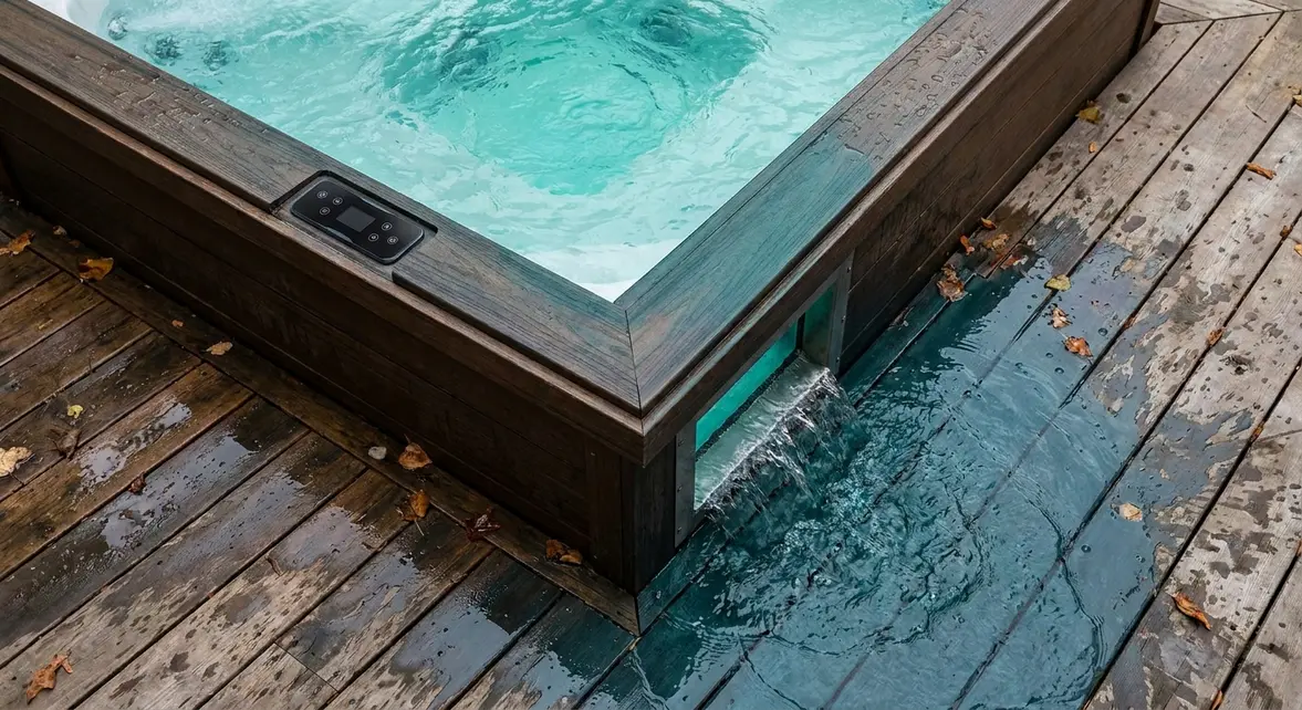 What happens if you overfill a hot tub — water overflowing past the skimmer with dark control panel