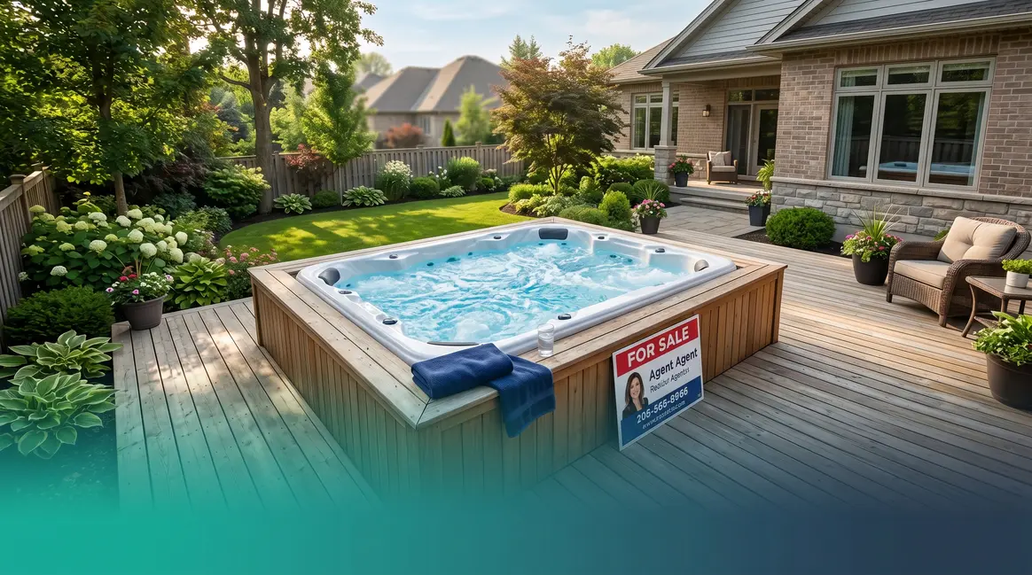 Clean used hot tub on backyard deck with for sale sign ready to sell