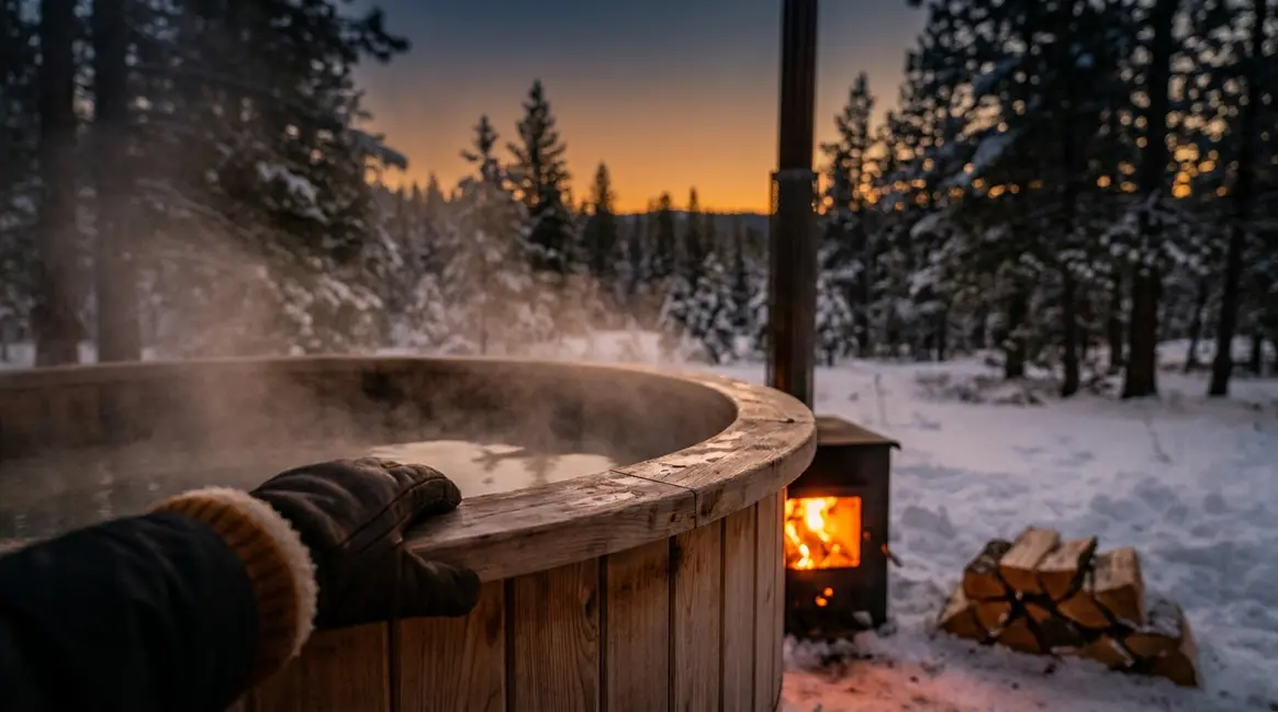 Wood fired hot tub steaming outdoors at dusk with cedar tub and glowing firebox