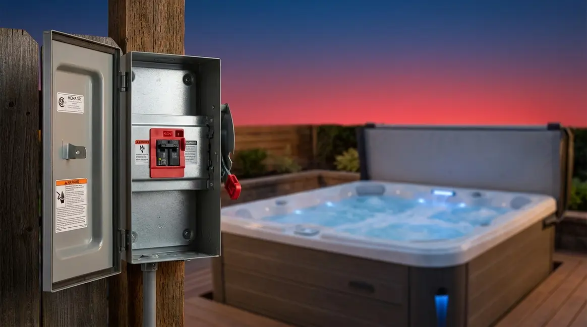 AC disconnect box mounted outdoors near a backyard hot tub for safe electrical shutoff