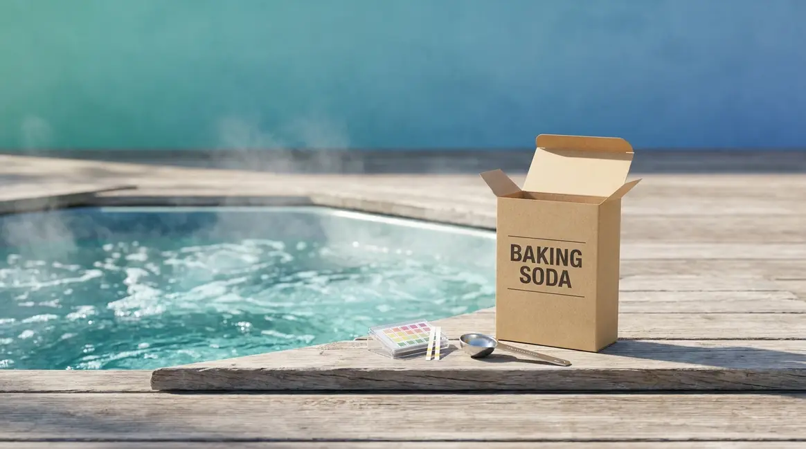 Baking soda box and test strip beside a clear hot tub for alkalinity adjustment