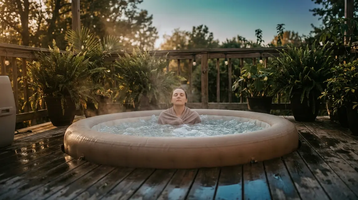 Person relaxing alone in a compact inflatable hot tub on a wooden deck outdoors, best 1-person hot tub setup