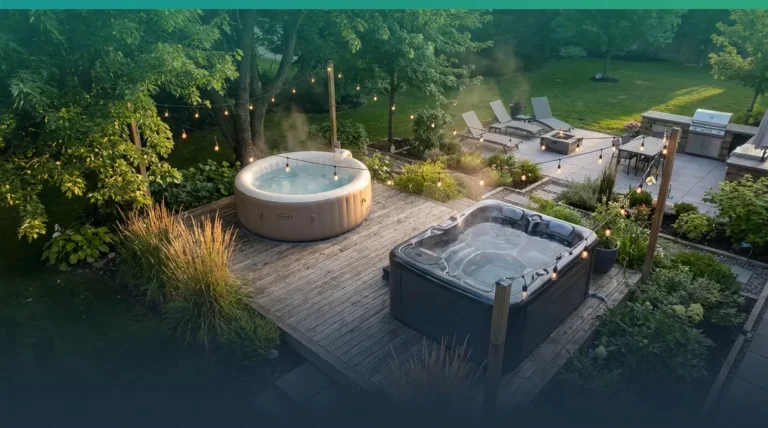 Home 1 Best 10 person hot tubs for large groups shown on a modern backyard deck at dusk