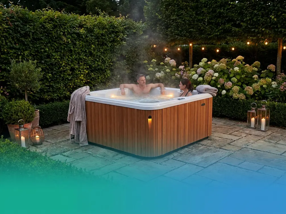 Best 2 person hot tub UK — couple relaxing in compact outdoor spa on garden patio