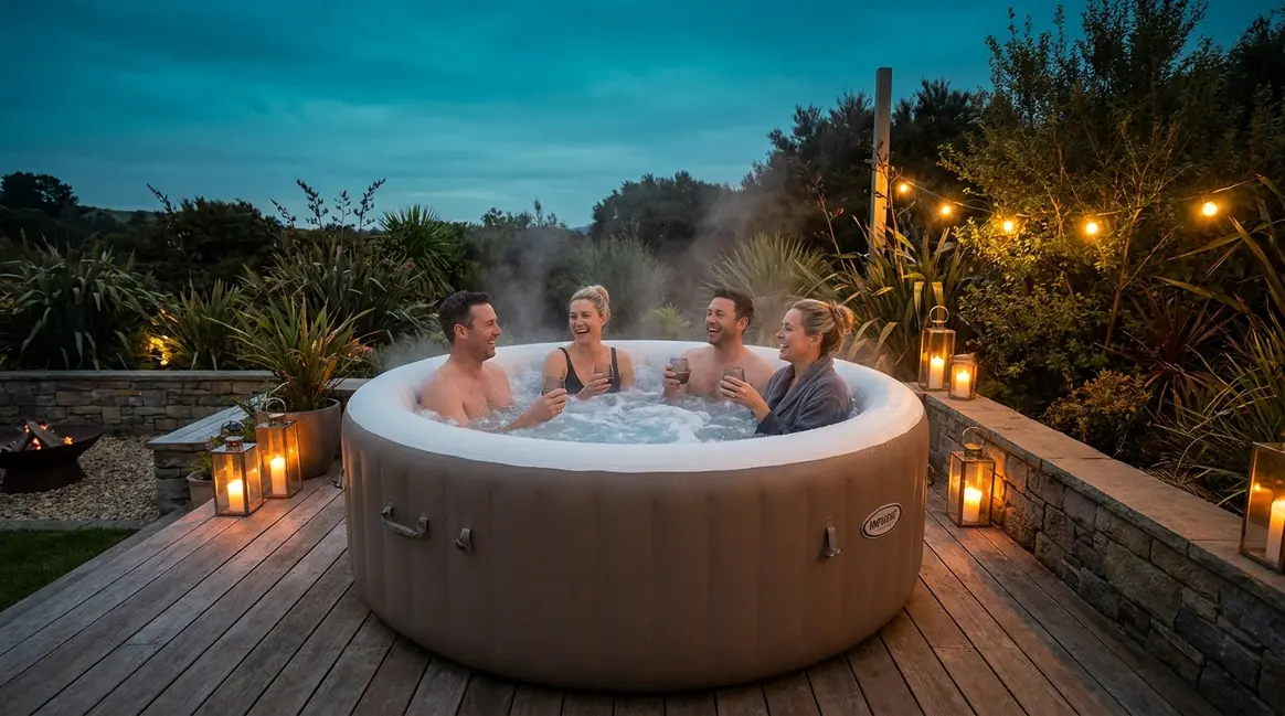 Four adults relaxing in the best 4 person hot tub on a wooden backyard deck at dusk