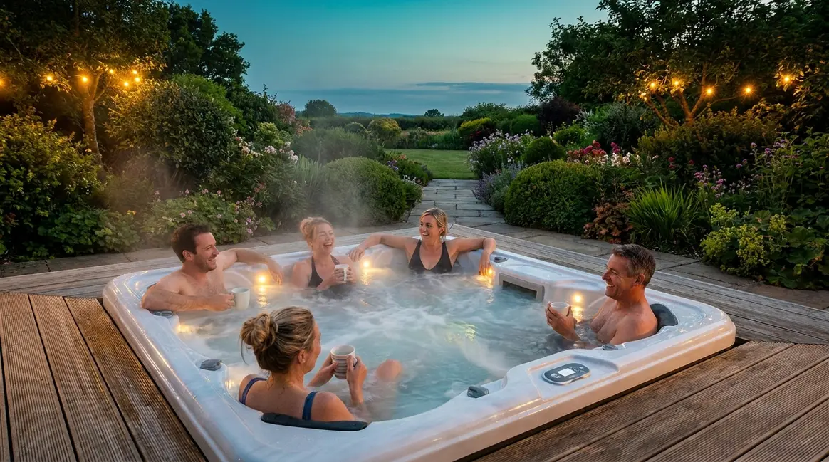 Six people relaxing in the best 6 person hot tub in a UK garden with LED lighting