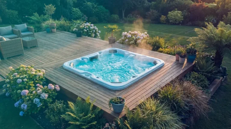 Best 7-person hot tub installed on timber decking in a UK garden with jets active