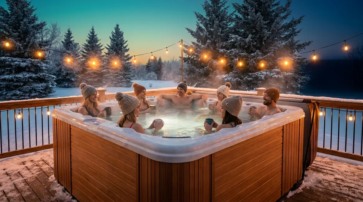 Eight adults relaxing comfortably in a large outdoor hot tub on a wooden deck at dusk