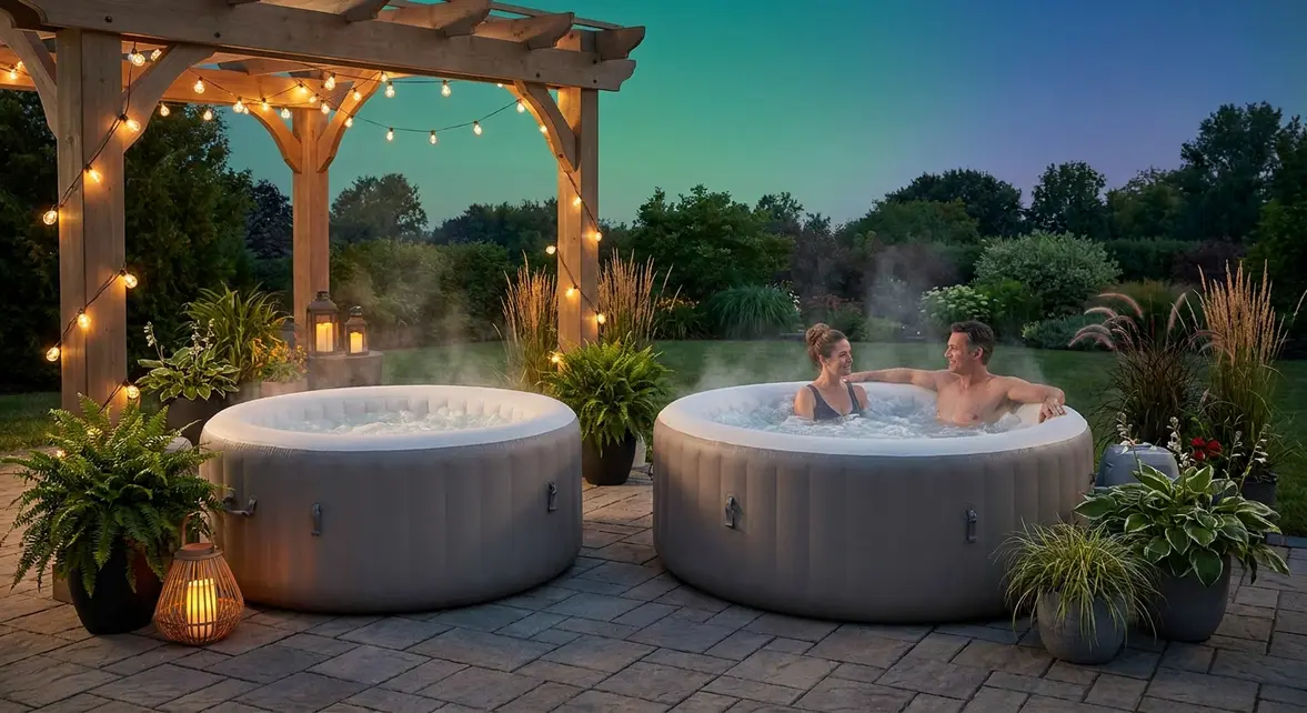 Best above ground hot tubs comparison showing two inflatable backyard spas on a patio at dusk