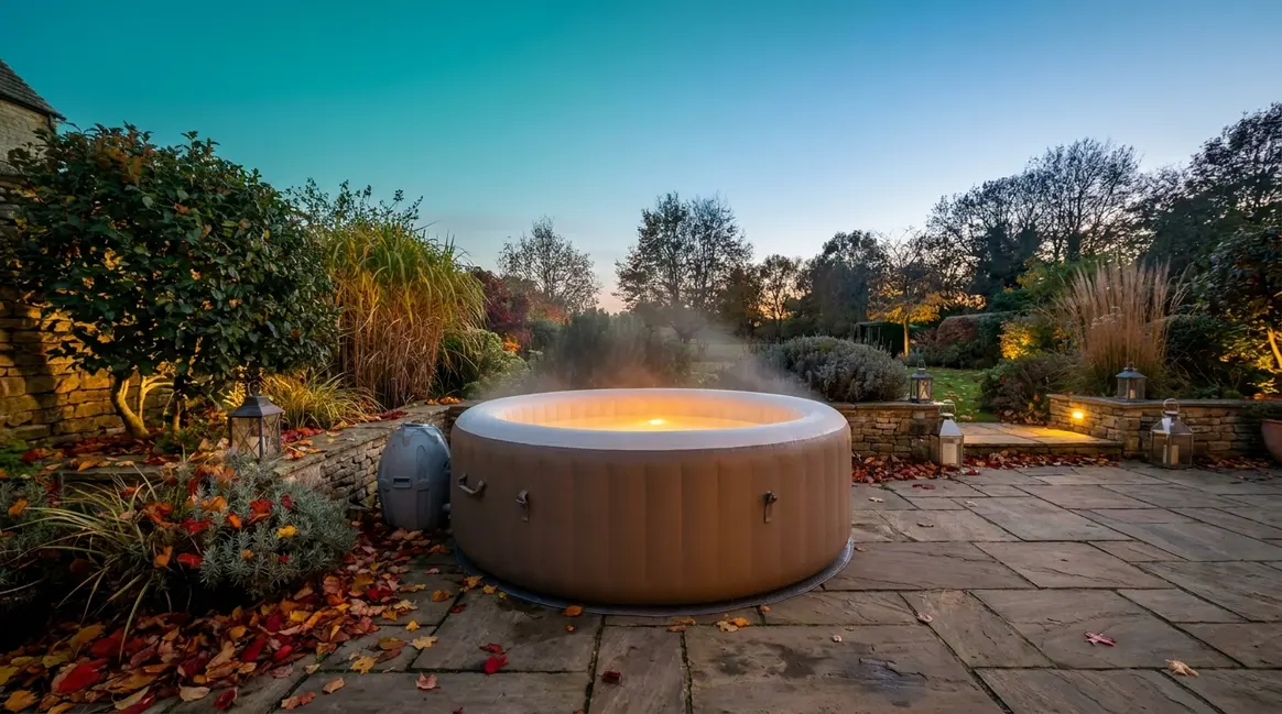 Best energy efficient hot tub UK set in an autumn garden with steam rising