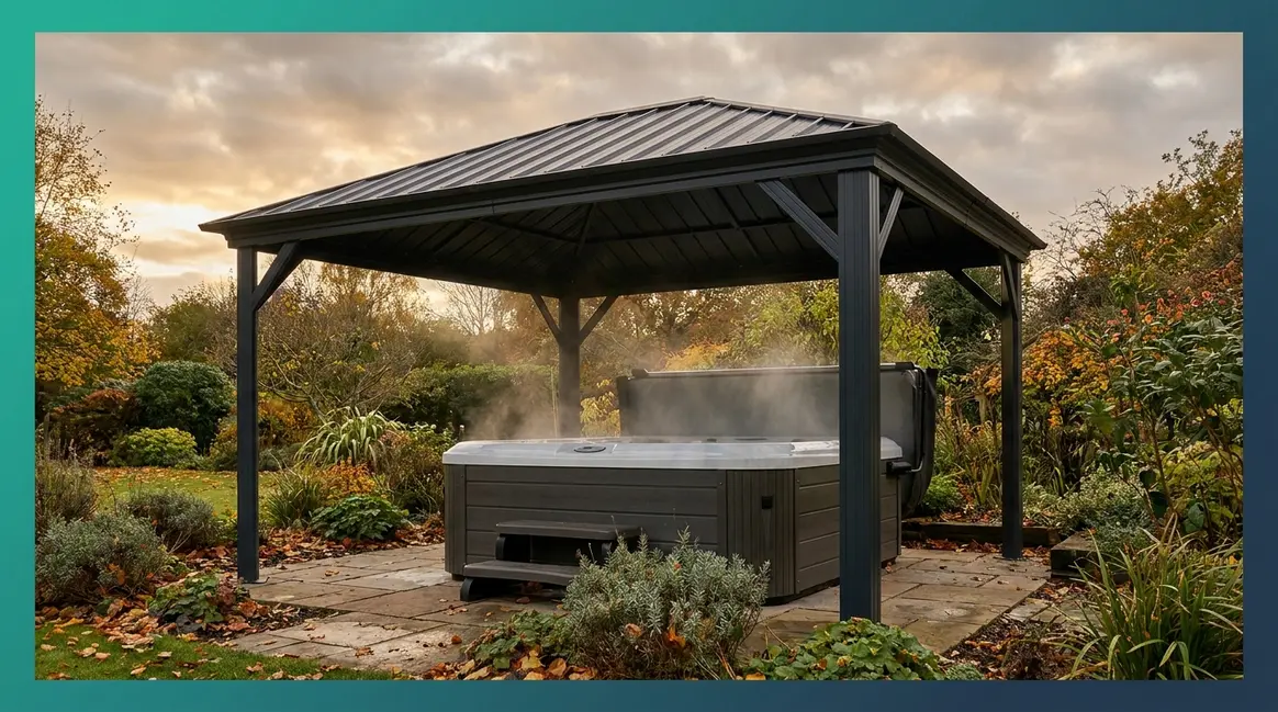 Best gazebo for hot tub UK — hardtop steel gazebo installed over a spa in a British garden